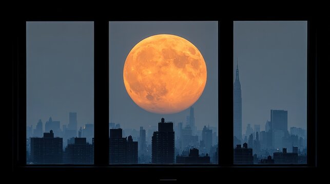 Fototapeta Full moon over city skyline, seen through window