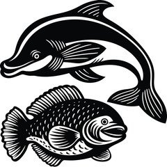 Naklejka premium Black and White Fish and Dolphin Illustrations, Stylized Fish and Dolphin Tattoo Art, Hand-Drawn Dolphin and Fish Designs in Black and White.