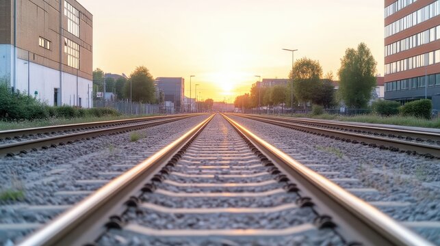 Railway tracks lead toward a glowing golden sunset between industrial buildings in a city.