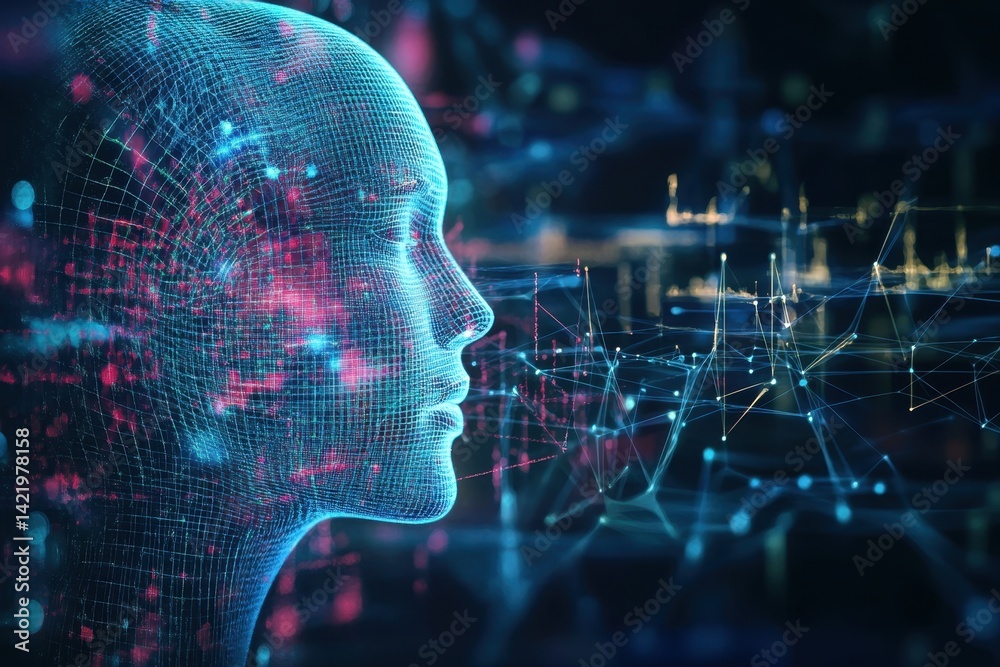 Poster digital human head with network links and glowing data in a virtual setting