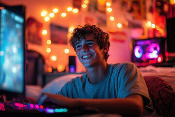 Young boy smiling, deeply focused on playing video game.