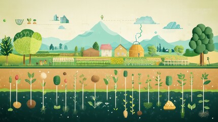 An agricultural concept map showing the farm cycle, from seed selection to planting, irrigation, and harvesting, illustrating key farming processes.