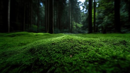 Fototapeta premium Lush green moss covers the forest floor in a dense woodland with tall tree trunks standing in the background.