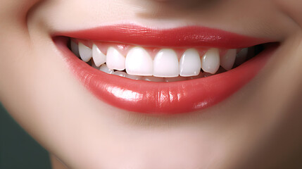 Fototapeta premium A smiling woman with white teeth and red lipstick, wearing a white shirt, standing in front of a green background.