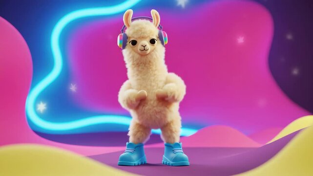 Dancing llama in neon wonderland cute animal character fun music illustration
