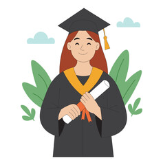 Happy Female Graduate Holding Diploma Flat Vector Style Smiling Graduate with Degree Certificate Cartoon Illustration. Graduation Portrait with Cap and Gown Diploma in Hand Vector.