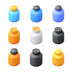 Studio product photography colorful bottles in minimalist style. Isolated on transparent background, png.