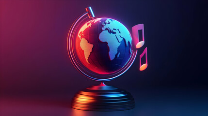 Pixelated Globe with Neon Music Notes on Dark Background