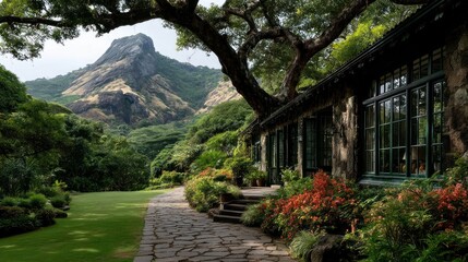 Lush garden path leading to mountain villa