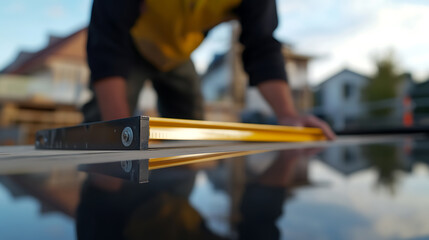 Construction Worker Using a Level Tool on a Reflective Surface