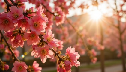 The image showcases a stunning nature scene with a vibrant blooming tree in full blossom, bathed in warm sunlight with a sun flare in the background