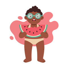 Fototapeta premium Happy child holding watermelon slice wearing glasses and swimsuit summer fruit snack illustration vector 