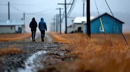 Two People Walking on a Rural Muddy Road in Cold, Overcast Weather with Power Lines and Houses in Background
