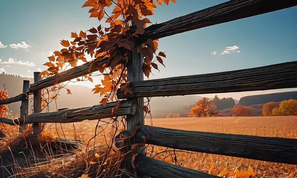 Autumnal Sunlight Through Rustic Fence & Golden Field