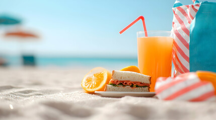 Beach Picnic with Orange Juice and Sandwich