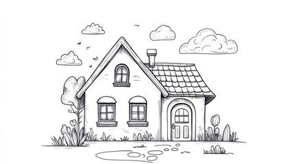 Fototapeta premium Simple Drawing of a Cottage with Garden