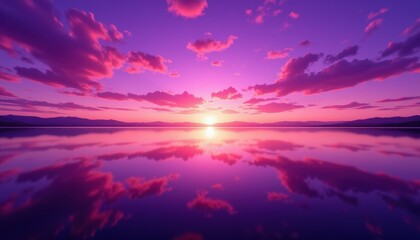 The vibrant hues of purple, pink, and orange blend seamlessly across the sky, reflecting brilliantly on the calm waters of the expansive lake below