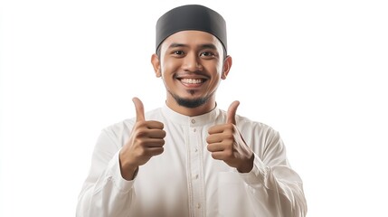 A smiling muslim man in a kufi and white thobe gives two thumbs up on a white background studio shot