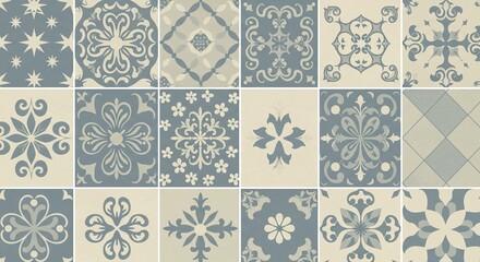 Elegant Blue and Beige Floral Tile Patterns, Vintage Design