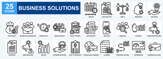 Business Solutions icon set collection. Timeline, Inspirations, Strategy, Solutions, Equity, Productivity