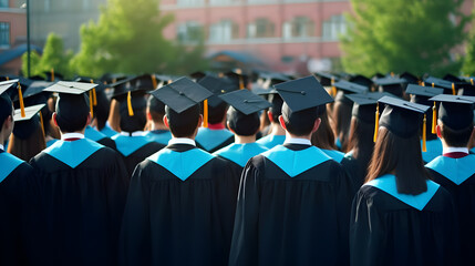 A group of graduates in caps and gowns standing in a line, facing the camera, with a blurred background of trees and buildings.