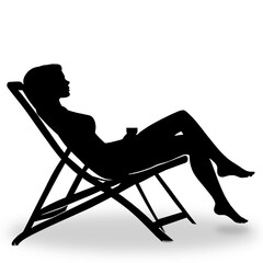 Serene silhouette of a young woman lounging on a deck chair at the beach, enjoying a moment of relaxation. Transparent png, add your own background.