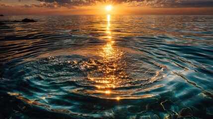 Sunlight reflections dance on water surface ripples at sunset, creating a serene and captivating natural display