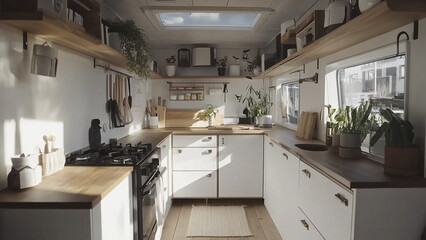 Sunlit Minimalist Kitchen Wooden Accents and Greenery in a Bright Space