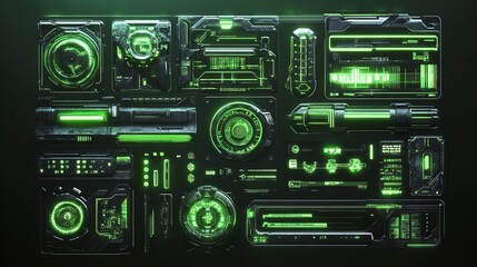 Obraz premium Futuristic interface with glowing green elements on a dark background showing complex tech design