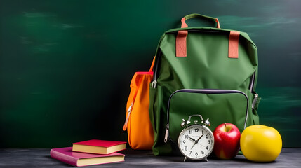 A green backpack with a red apple and a yellow apple on a wooden table in front of a black chalkboard.
