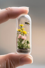 ecosystem contained within a small glass capsule held between two fingers, fragile nature