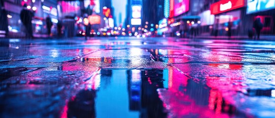 Fototapeta premium Neon City Rain: A Nighttime Reflection
