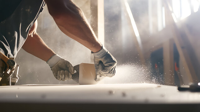 Carpenter Sanding Wood in Workshop