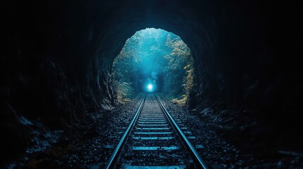 A chilling, dark tunnel with a train track, the track stretches far into the blackness.