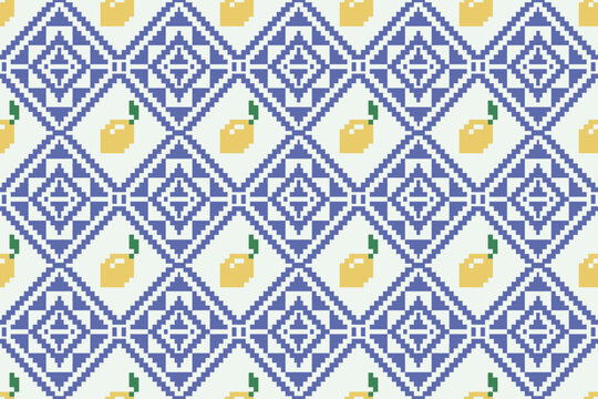 Seamless Lemon pixel art vintage fabric pattern
