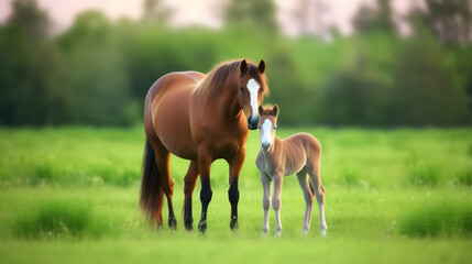 Fototapeta premium A brown horse and a foal standing in a lush green field with a blurred background of trees and a sunset sky.