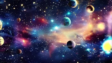Planets gather in the solar system amidst glowing stars in a vibrant cosmic atmosphere