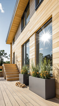 Fototapeta modern house exterior with light brown wood siding and sunlit windows
