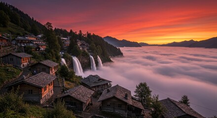 Fototapeta premium Enchanting alpine village cascading waterfalls amidst a serene sea of clouds