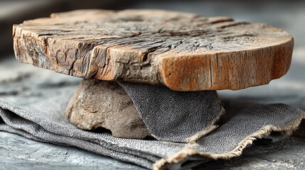 Fototapeta premium Rustic Round Wooden Podium with Natural Linen Fabric and Stone Base on Wooden Surface