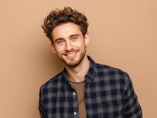 Obraz premium Young adult man in casual wear with warm, crinkled smiling eyes, beige background