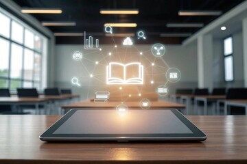 Digital tablet with glowing icons of books A tablet displays digital education icons in a modern classroom setting.
