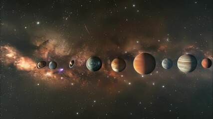 Planets gather in the solar system amidst glowing stars in a vibrant cosmic atmosphere