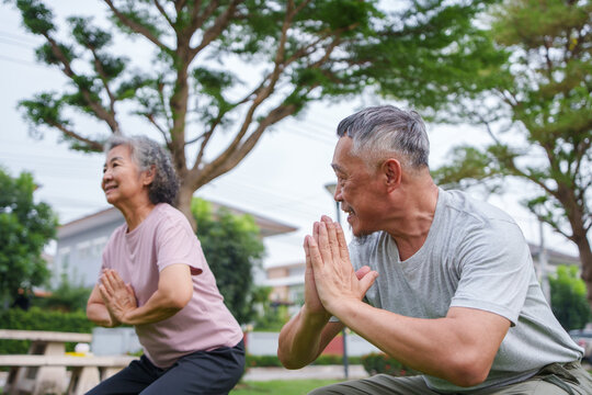 Asian Elderly couple practicing yoga in outdoor park, performing squat pose with prayer hands, smiling and enjoying morning exercise together surrounded by trees and greenery
