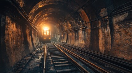 A deep, dark tunnel with railroad tracks.