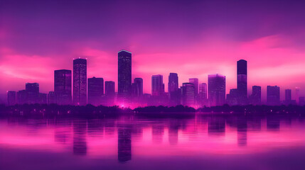 Obraz premium Purple and Pink City Skyline at Sunset