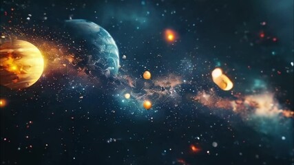 Planets gather in the solar system amidst glowing stars in a vibrant cosmic atmosphere