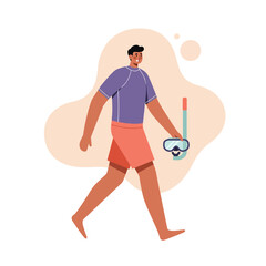 Fototapeta premium Man walking with snorkeling mask and tube in casual summer outfit vector illustration 