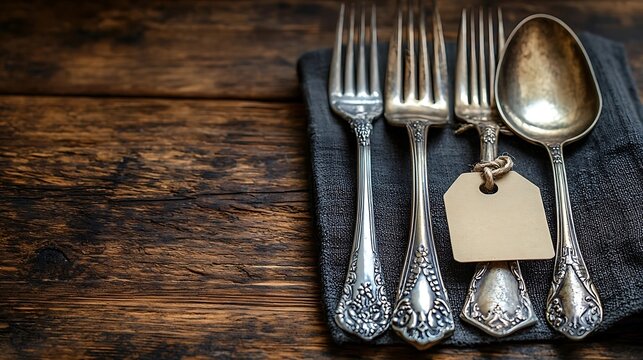 Antique silverware set on a dark linen napkin.