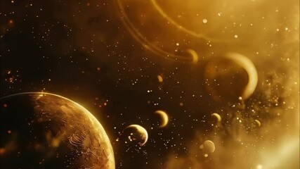 Planets gather in the solar system amidst glowing stars in a vibrant cosmic atmosphere